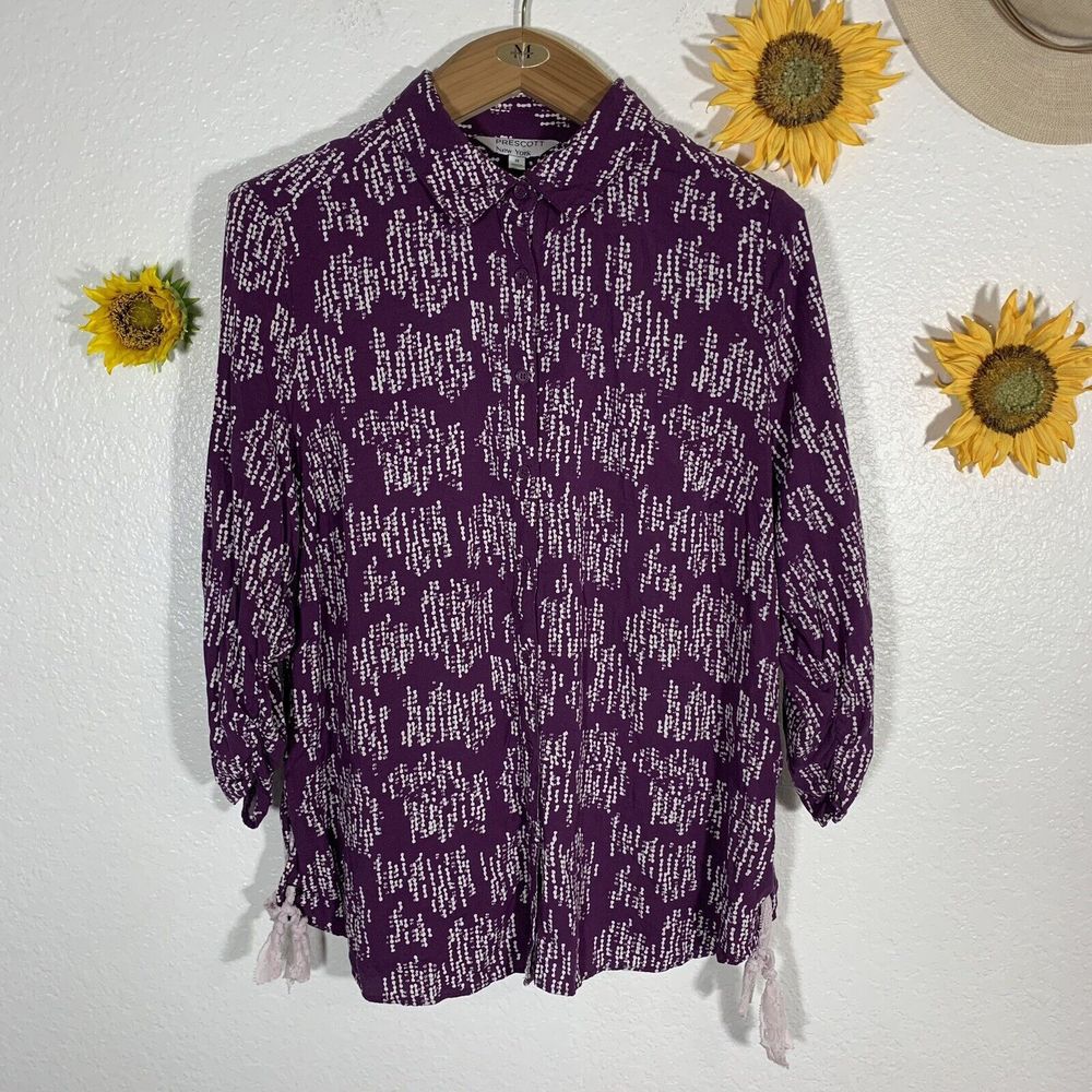 Prescott New York Purple Button Scrunchy Sleeve Blouse Plus Size 1X Women’s - Picture 1 of 11